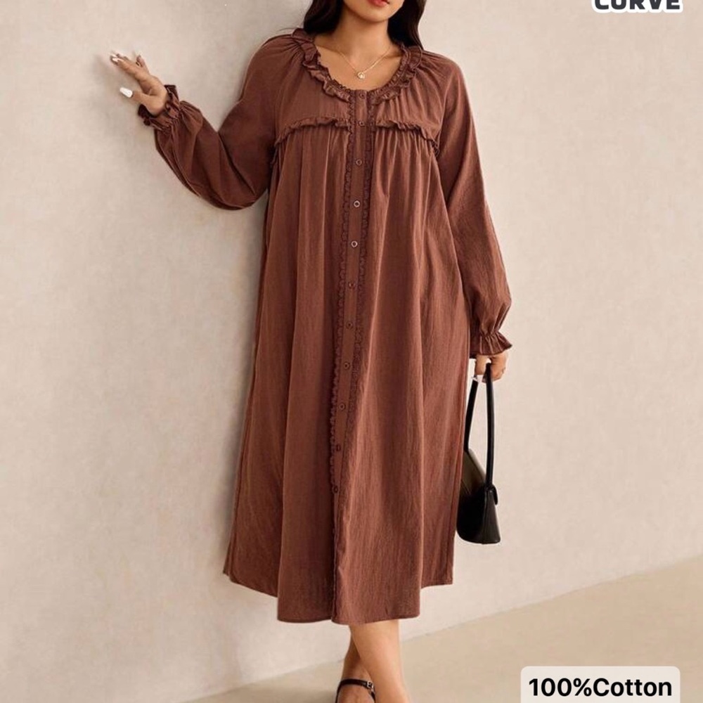 SHEIN Chocolate Long Sleeve Cotton Dress